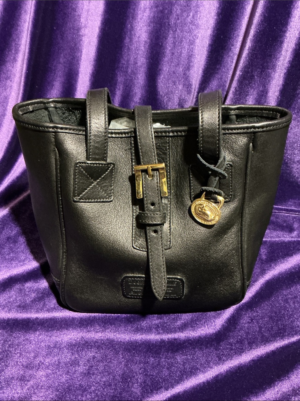 Vintage Dooney & Bourke Black Leather Tote Handbag with Gold Hardware